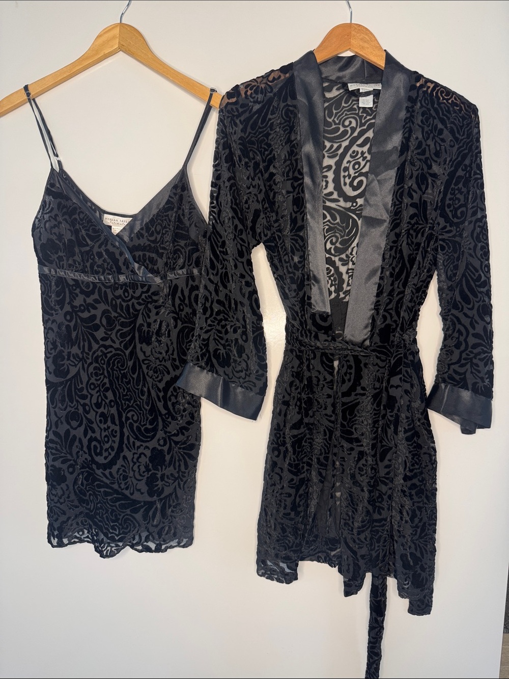 Vintage Morgan Taylor Lingerie Robe Set Medium Velvet Sheer Belted Pockets Black